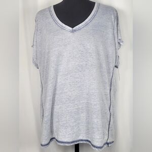 Oversized Gray V-Neck Tee Exposed Seam Raw Hem Short Sleeve Casual Top